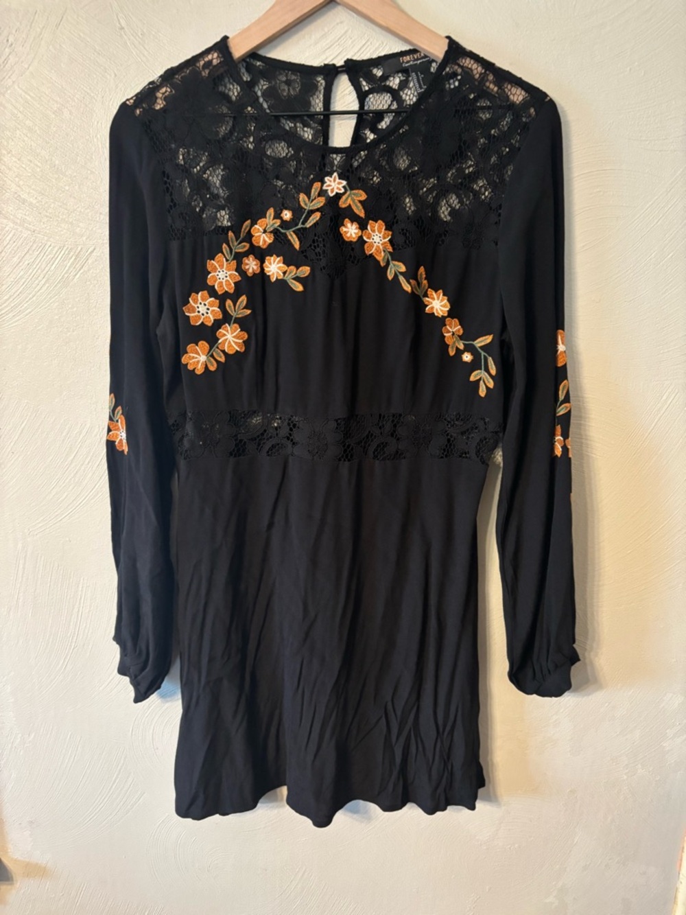 Forever 21 Black Long-Sleeve Dress with Orange Floral Embroidery
